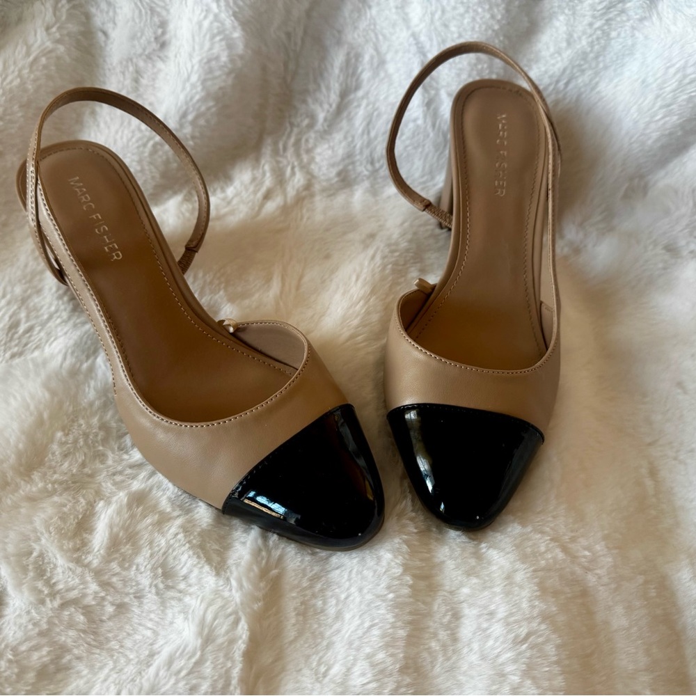 Marc Fisher slingback pumps two-tone beige & black patent leather size 7.5 - Picture 2 of 8